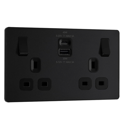 British General BG EVOLVE 2 X 13A Double Socket PLUS 45W USB C PLUS USB A MATT BLACK